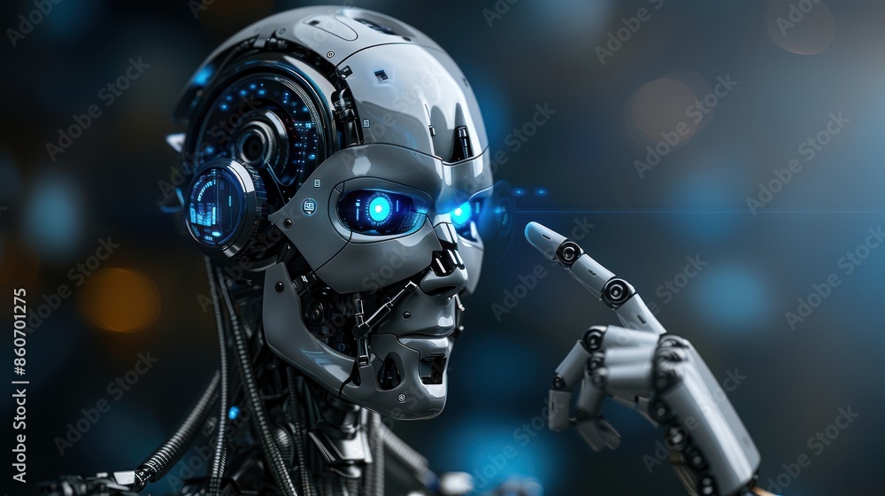 Close-up of a robot's face with blue eyes on a blurred background. Close-up of a robot's face with blue eyes on a blurred background.