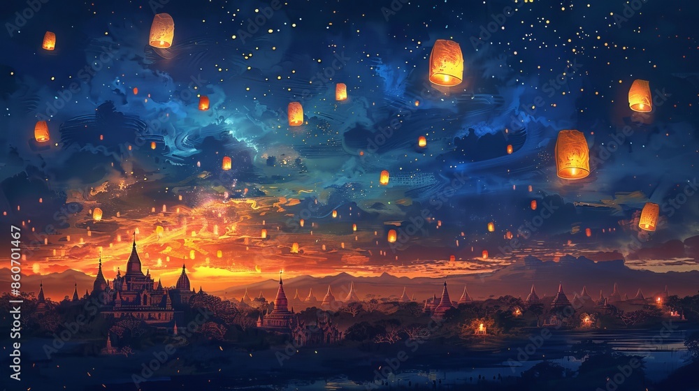 The colorful hot air balloons are flying in the night sky. The lanterns are lit up and creating a beautiful scene. The colorful hot air balloons are flying in the night sky. The lanterns are lit up and creating a beautiful scene.