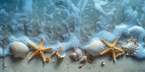 marine banner with seashells and starfish on the sand. Foam waves roll onto the shore. It's a sunny day. photo