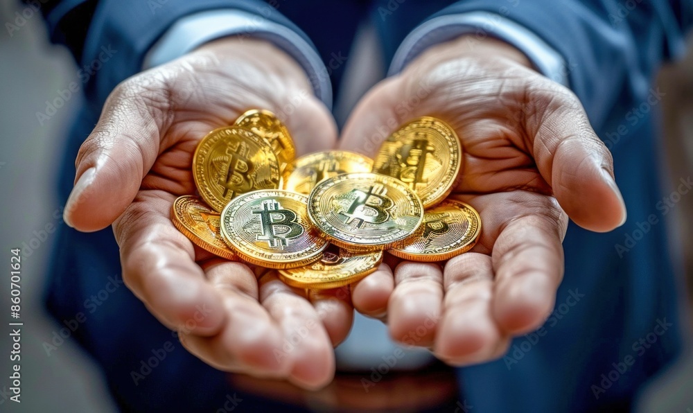 Hands Holding Golden Bitcoins. Generative ai Hands Holding Golden Bitcoins. Generative ai
