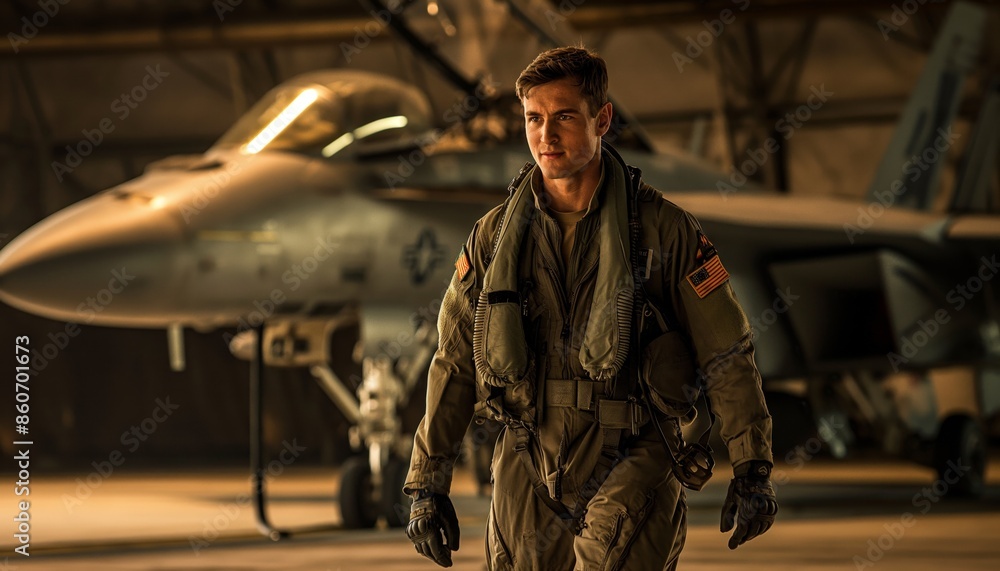 An airman poses proudly inside a hangar with a military fighter jet in the background, signifying service and professionalism An airman poses proudly inside a hangar with a military fighter jet in the background, signifying service and professionalism