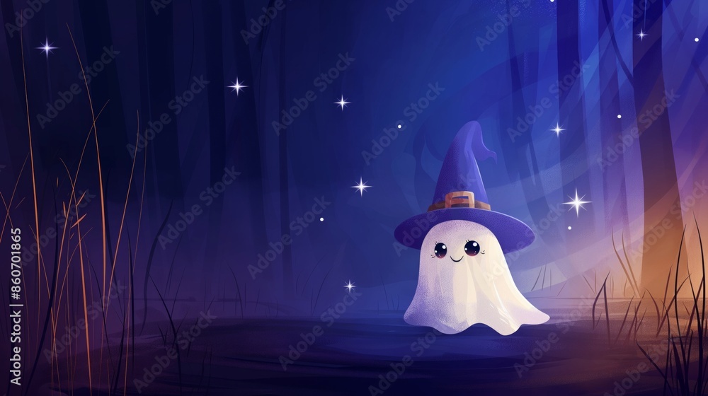 Obraz premium Cute lonely ghost in a witch hat on a night in a mystical forest on Halloween celebrate