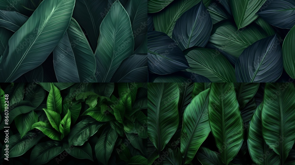 Rich and vibrant dark green and blue foliage forming intricate and natural patterns, showcasing the unique textures and beauty of various leaves in a harmonious arrangement. Rich and vibrant dark green and blue foliage forming intricate and natural patterns, showcasing the unique textures and beauty of various leaves in a harmonious arrangement.