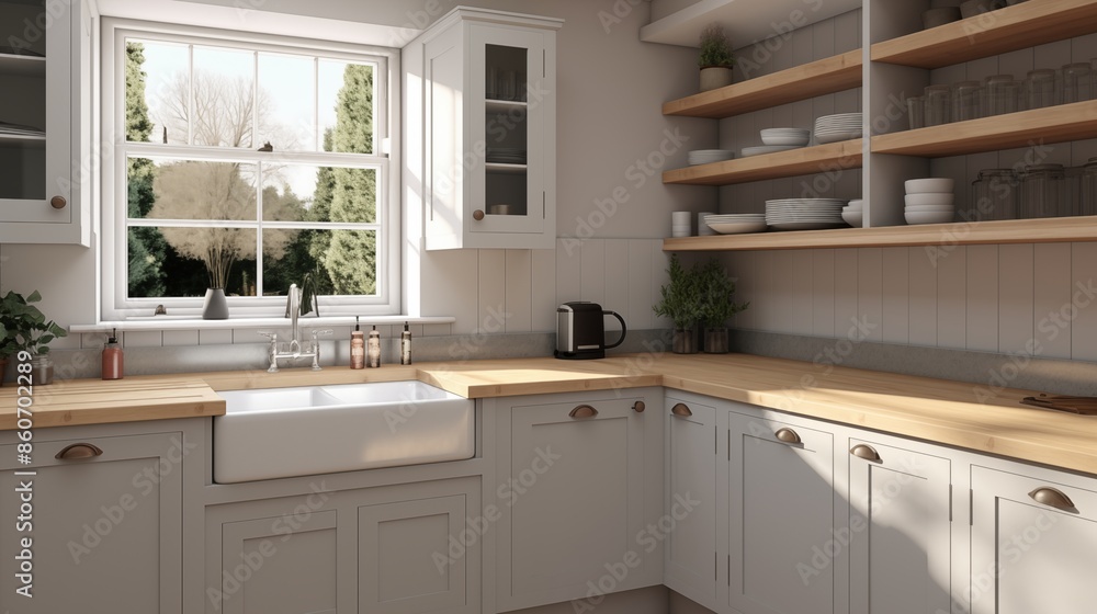Fototapeta premium Modern bright shaker style kitchen with Belfast sink