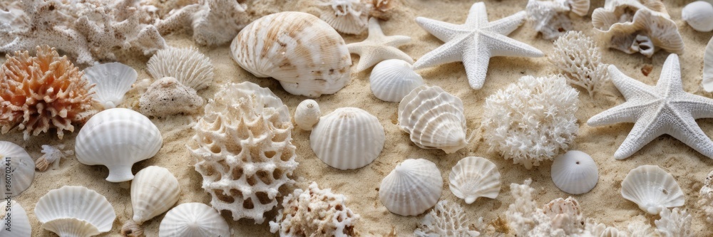 Banner top view background Serene beach with white sand, seashells, and starfishes, blue sky and ocean background. Ideal summer backdrop with space for text. Banner top view background Serene beach with white sand, seashells, and starfishes, blue sky and ocean background. Ideal summer backdrop with space for text.