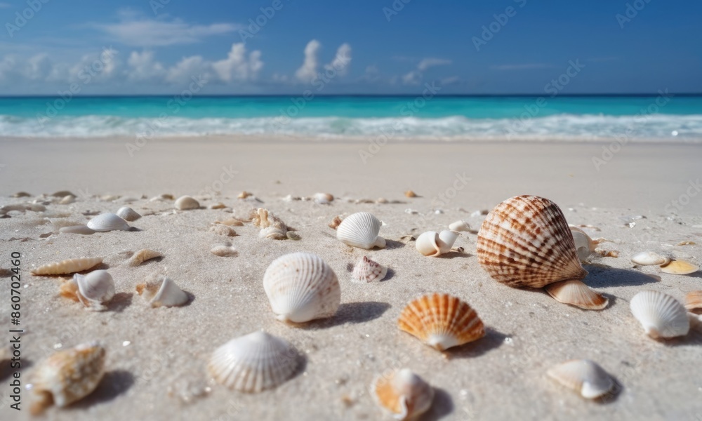 Summer beach with white sand seashells under a blue sky with ocean view. Perfect for text space. Summer beach with white sand seashells under a blue sky with ocean view. Perfect for text space.