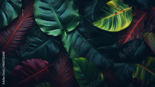 A vibrant, colorful mix of tropical leaves in various shades of green, red, and yellow, creating a striking visual contrast against a dark background, emphasizing rich shadows.