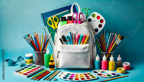 Art supplies arranged with a backpack on a blue background, ready for back to school.