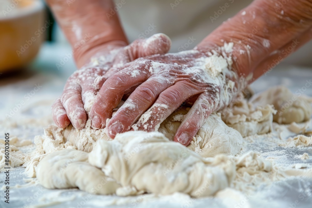 Hands kneading dough on a floured surface, showcasing the baking process. Hands kneading dough on a floured surface, showcasing the baking process.
