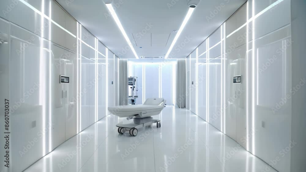 A hospital room featuring a bed positioned in the center of the room, Create a sleek, minimalist design with glowing panels and advanced medical equipment A hospital room featuring a bed positioned in the center of the room, Create a sleek, minimalist design with glowing panels and advanced medical equipment