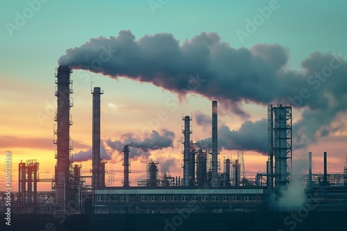The sun sets over a sprawling industrial refinery, with numerous smoke stacks emitting smoke, creating a dramatic scene that highlights both the beauty and industrial impact of the site.