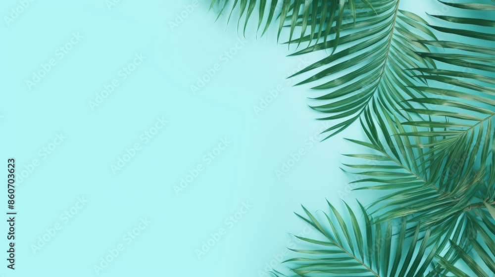 Close-up view of vibrant green palm leaves over a light blue background, showcasing the beauty of nature, ideal for a fresh and summery design theme or decor. Close-up view of vibrant green palm leaves over a light blue background, showcasing the beauty of nature, ideal for a fresh and summery design theme or decor.