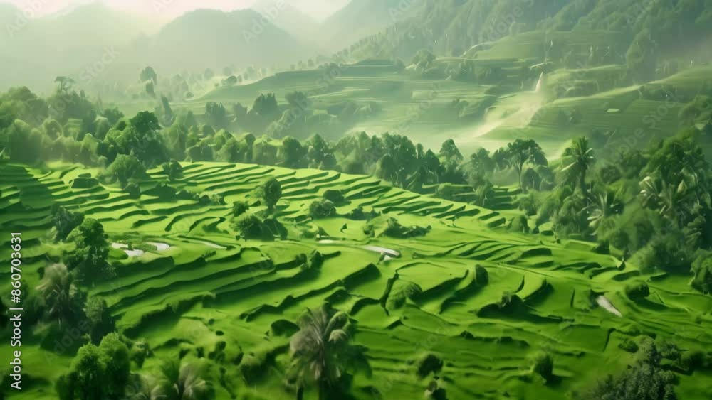 A vibrant green field with lush trees and distant mountains under a clear sky, Create a surreal landscape inspired by the lush green fields of rice paddies in South India A vibrant green field with lush trees and distant mountains under a clear sky, Create a surreal landscape inspired by the lush green fields of rice paddies in South India