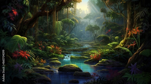 Fototapeta Naklejka Na Ścianę i Meble -  A vibrant jungle scene showcasing a tranquil stream surrounded by dense foliage and flowers, capturing the essence of nature's beauty and peace.