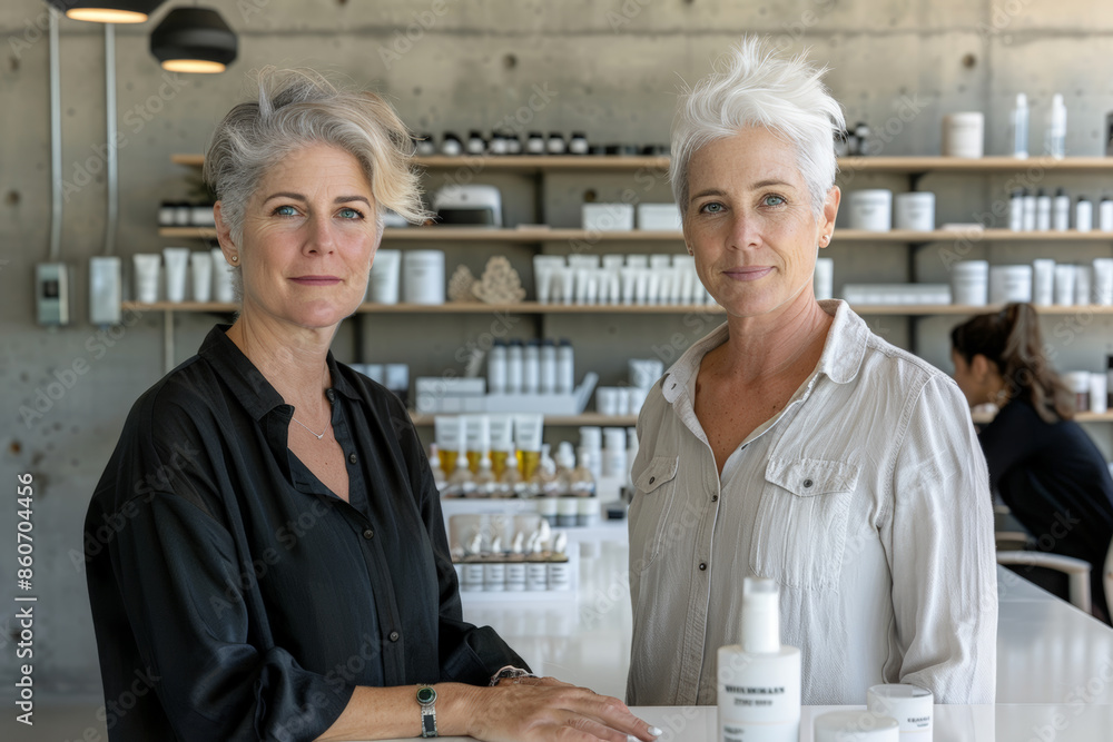 Obraz premium Portrait of a middle-aged lesbian couple who co-founded a successful wellness and lifestyle brand