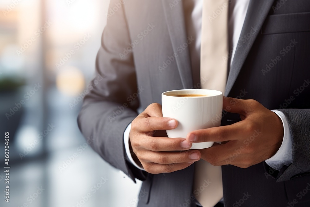 Businessman holding a white coffee cup in an office setting, symbolizing a break or start of the workday with a beverage. Businessman holding a white coffee cup in an office setting, symbolizing a break or start of the workday with a beverage.