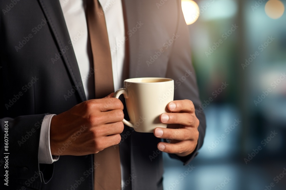 Close-up of a businessman holding a coffee cup, dressed in a suit and tie, in an office environment with blurred background. Close-up of a businessman holding a coffee cup, dressed in a suit and tie, in an office environment with blurred background.