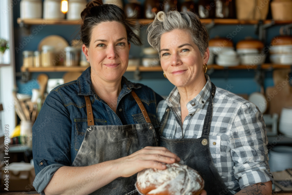 Portrait of a middle-aged lesbian couple running their artisan bakery Portrait of a middle-aged lesbian couple running their artisan bakery