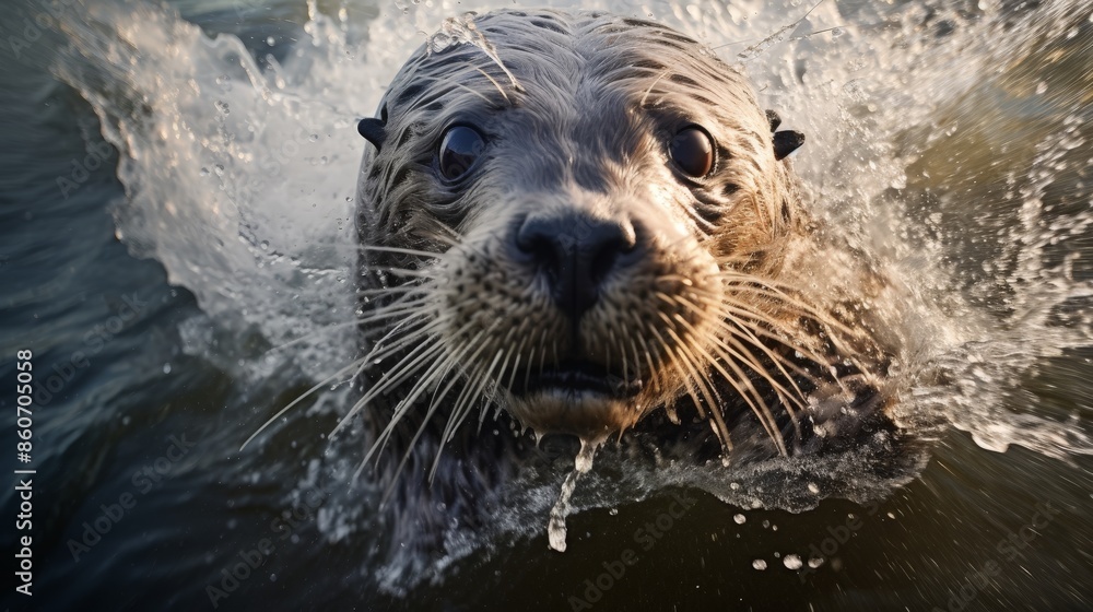 Obraz premium Close-up of a playful otter splashing in water, capturing its lively and curious expression. Perfect for wildlife and nature themes.