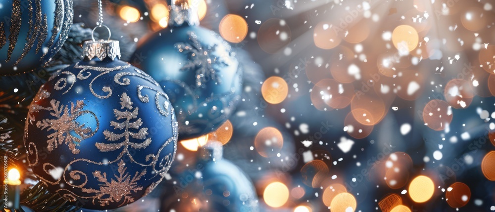 Sparkling blue Christmas ornaments adorned with intricate silver designs, hanging against a backdrop of festive lights and gentle snowfall, warm bokeh, cool tones baubles, holiday season background Sparkling blue Christmas ornaments adorned with intricate silver designs, hanging against a backdrop of festive lights and gentle snowfall, warm bokeh, cool tones baubles, holiday season background