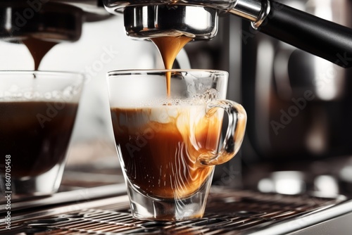 Close-up of freshly brewed espresso pouring into a transparent cup from a coffee machine in a contemporary kitchen setting.