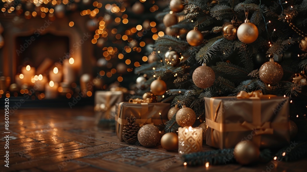 Christmas tree with golden balls and golden gifts. New Year's decor with a Christmas tree, balls, candles and gifts. Postcard for Christmas or New Year. Christmas tree with golden balls and golden gifts. New Year's decor with a Christmas tree, balls, candles and gifts. Postcard for Christmas or New Year.