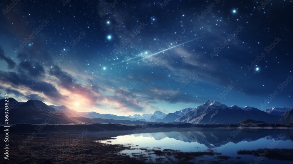Fototapeta premium A breathtaking view of a star-filled night sky, with a shooting star, over a serene mountain lake at sunset, surrounded by majestic mountain peaks and reflective waters.