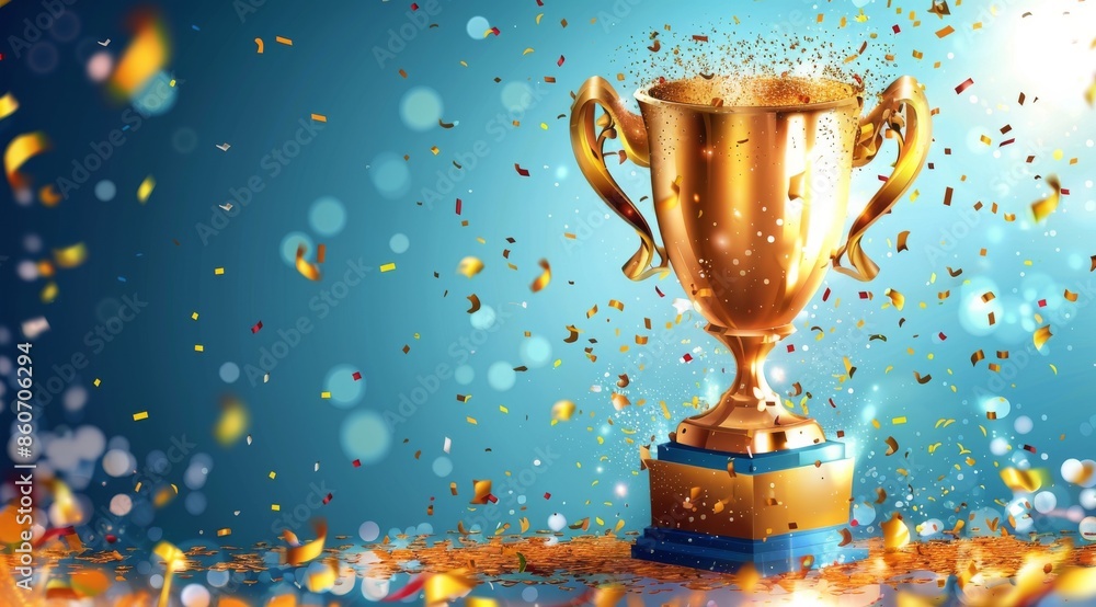 Gold Trophy With Confetti Against Blue Background Gold Trophy With Confetti Against Blue Background