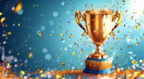 Gold Trophy With Confetti Against Blue Background