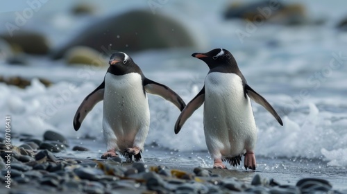 This image captures two penguins walking on a rocky beach near the ocean shore, showcasing their distinct black and white plumage and the natural coastal environment.