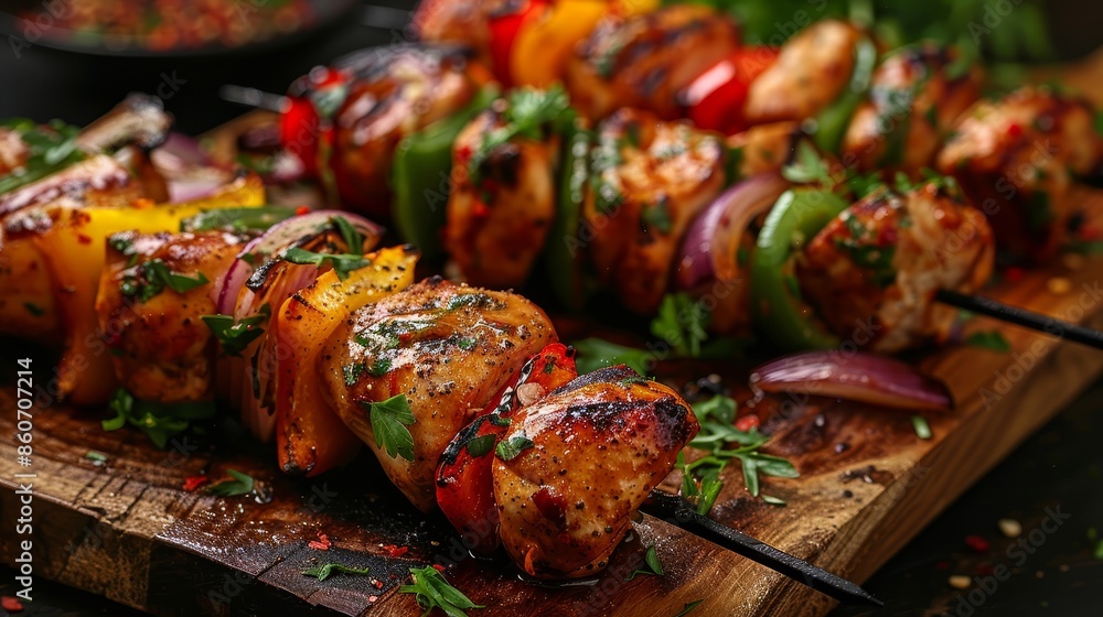 Delicious grilled chicken skewers with colorful vegetables on wooden board, garnished with fresh herbs, perfect for summer BBQs and parties. Delicious grilled chicken skewers with colorful vegetables on wooden board, garnished with fresh herbs, perfect for summer BBQs and parties.