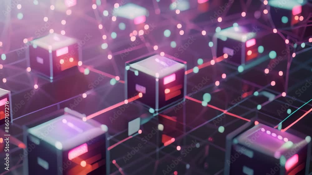 A group of cubes interlinked to form a complex network structure, Create an abstract representation of data-driven marketing strategies A group of cubes interlinked to form a complex network structure, Create an abstract representation of data-driven marketing strategies