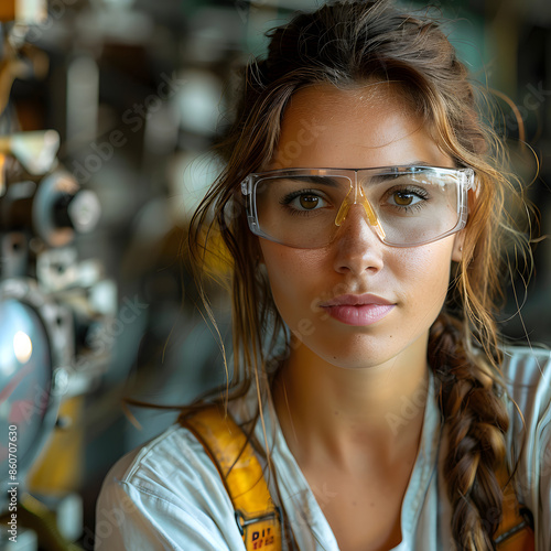 young woman wearing protective glasses working in the workshop isolated on white background, space for captions, png photo