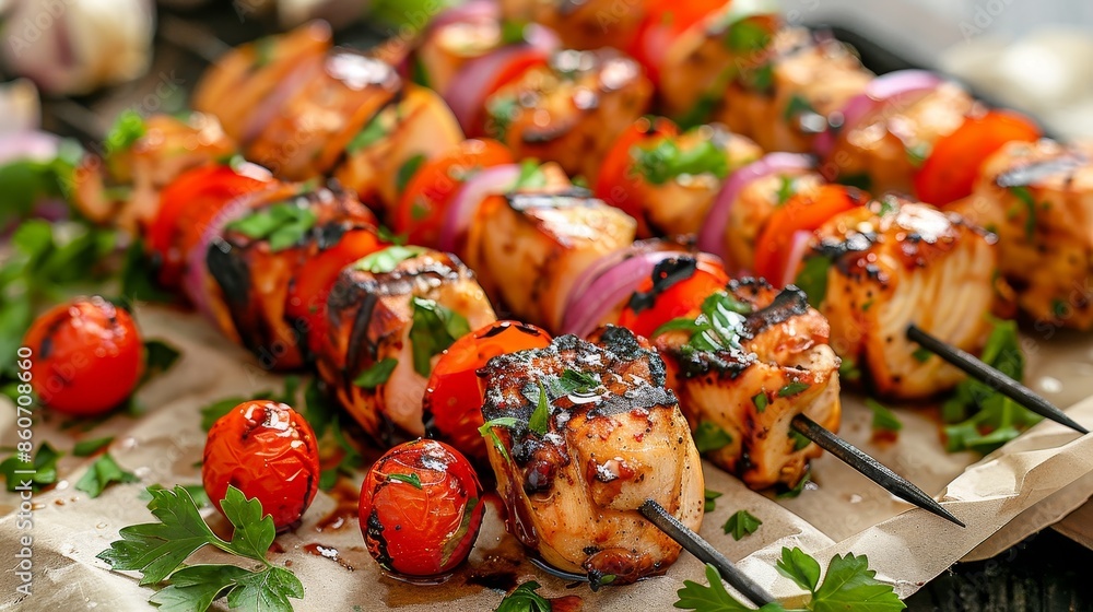 Grilled chicken skewers with vegetables, freshly cooked and garnished with cilantro, served on parchment paper, perfect for a summer barbecue. Grilled chicken skewers with vegetables, freshly cooked and garnished with cilantro, served on parchment paper, perfect for a summer barbecue.