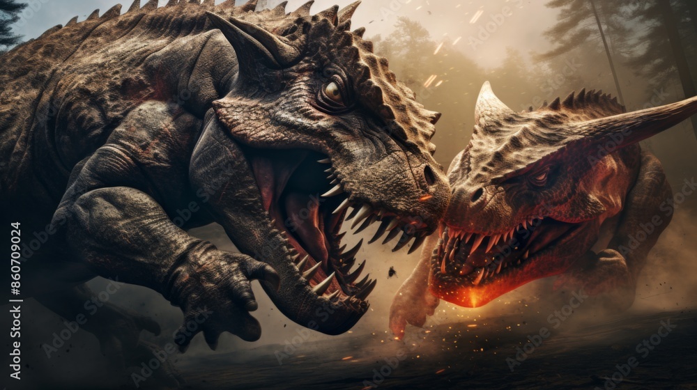 In a dense forest, two large dinosaurs engage in an intense combat, their massive bodies colliding with force, showcasing raw primal strength and wild intensity. In a dense forest, two large dinosaurs engage in an intense combat, their massive bodies colliding with force, showcasing raw primal strength and wild intensity.