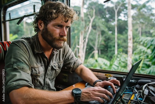  dedicated researcher with a rugged appearance intensely focused on his work in a remote jungle setting. photo