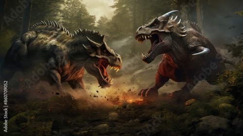Amidst a misty forest clearing, two horned dinosaurs face off in a tense encounter, their powerful bodies braced for a fierce battle, highlighting raw primal strength and dominance. photo