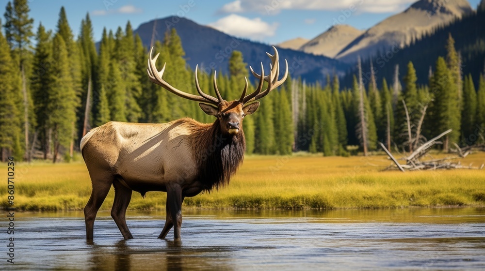 A majestic elk standing in a serene mountain landscape with lush green trees and clear blue skies, symbolizing tranquility and the beauty of nature in the wilderness. A majestic elk standing in a serene mountain landscape with lush green trees and clear blue skies, symbolizing tranquility and the beauty of nature in the wilderness.