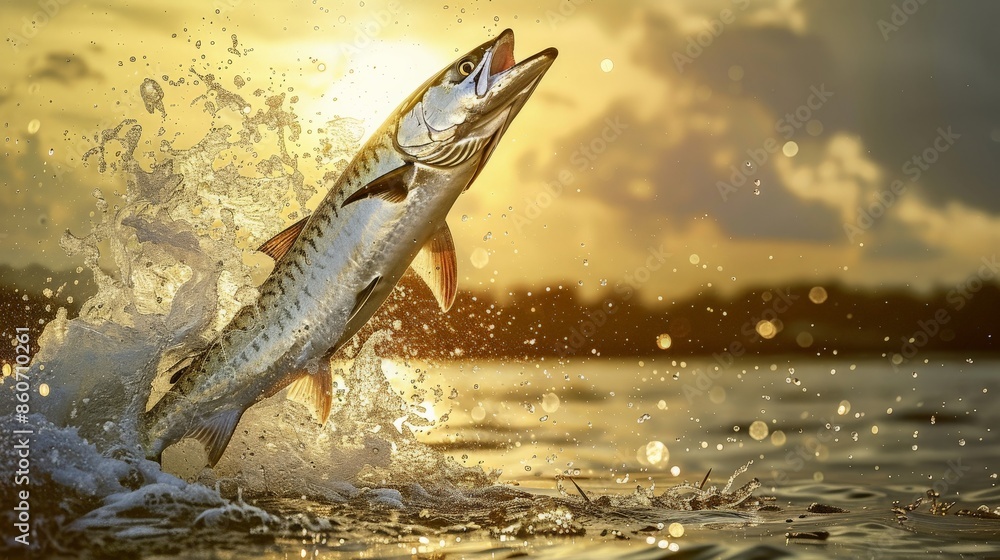 A fish leaps from the waters surface, creating a splash of water droplets A fish leaps from the waters surface, creating a splash of water droplets
