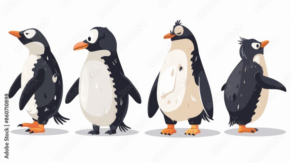Obraz premium Four uniquely illustrated penguins showcasing different appearances and expressions, ideal for educational content, storybook illustrations, and playful art projects.