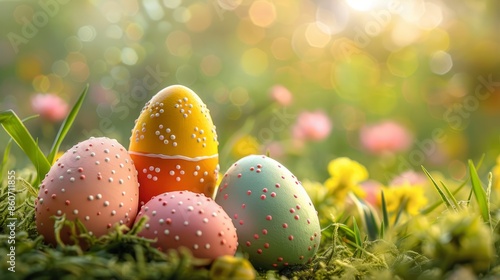 Colorful easter eggs in a spring meadow
