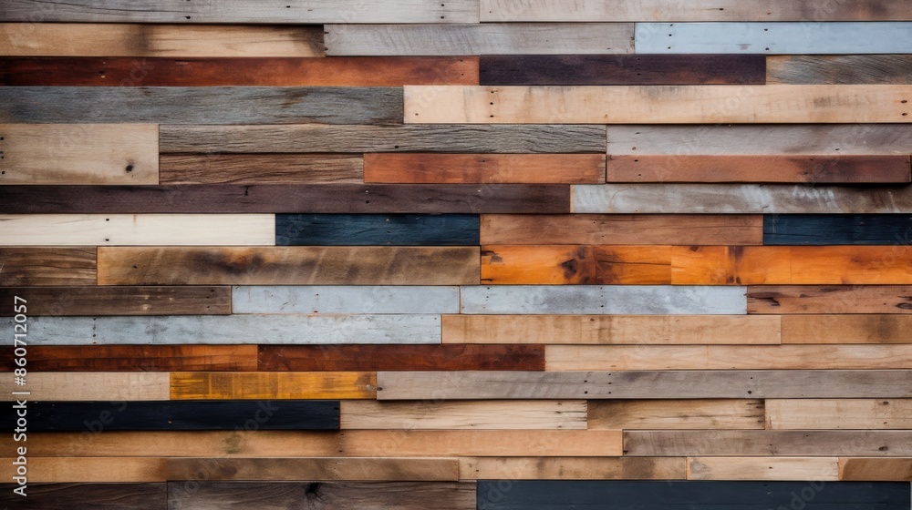 Naklejka premium This image showcases various colorful rustic wooden planks arranged in a creative pattern, creating a visually appealing and abstract background.
