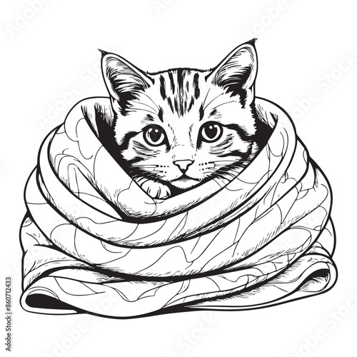  Kitten snuggled in a blanket vector illustraion