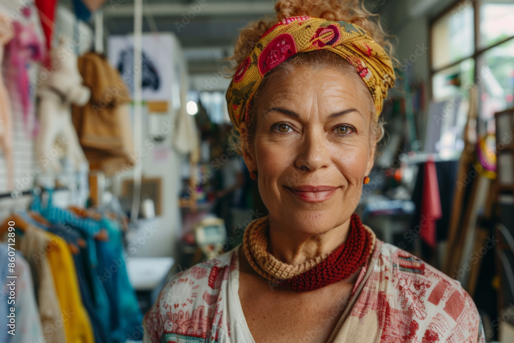 Portrait of a middle-aged non-binary person who is the founder of a sustainable fashion brand Portrait of a middle-aged non-binary person who is the founder of a sustainable fashion brand