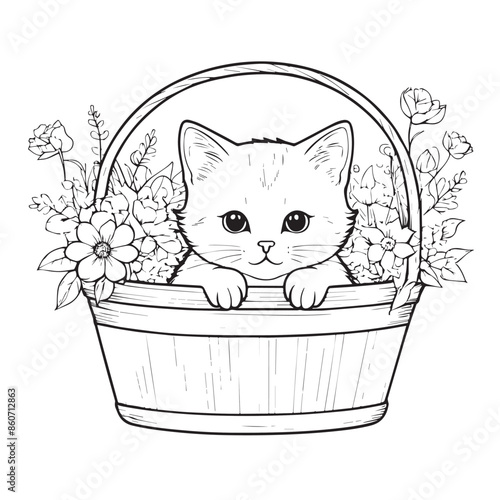 Kitten in a basket of flowers vector illustraion