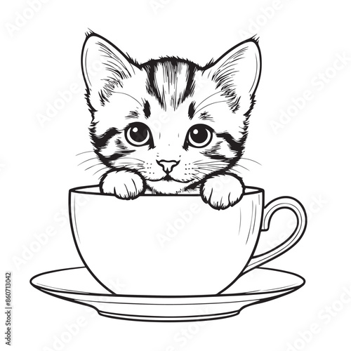 Kitten peeking out from a teacup Vector illustraion
