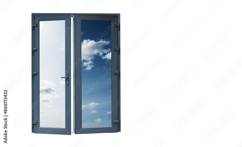 New double-leaf plastic door on hinges New double-leaf plastic door on hinges