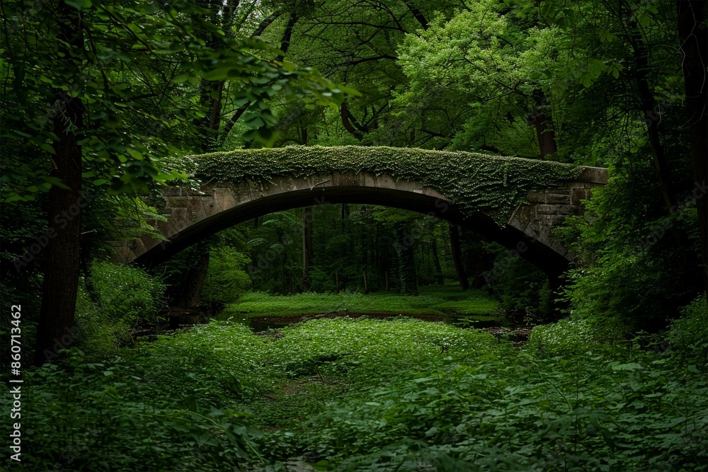 a wooden bridge in the middle of a forest with trees and a green background a wooden bridge in the middle of a forest with trees and a green background