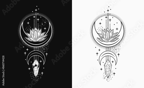 Vertical black and white celestial composition with lotus flower, magic glowing crystal, moon crescent, stars. Mysterious, mystical concept for meditation, clear consciousness. Vintage style.