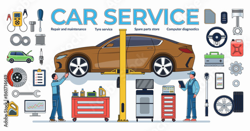 Car service, maintenance and repair concept illustration. A team of auto mechanics checks and maintains a car on a lift in a service workshop. Vector illustration with the set of auto service icons.